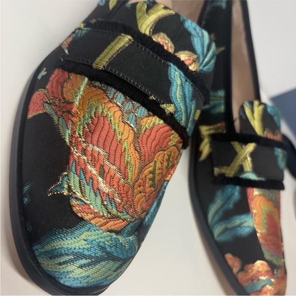 Zara Shoes - Zara Basic Black Orange Green Blue Floral Brocade Fabric
Fringe Loafers size 39